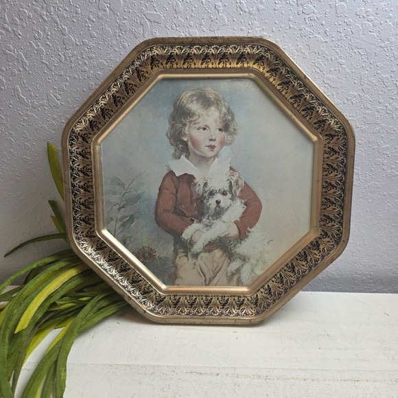 Other - Vintage Octagonal Metal Portrait Boy with Dog Gold Filigree Border